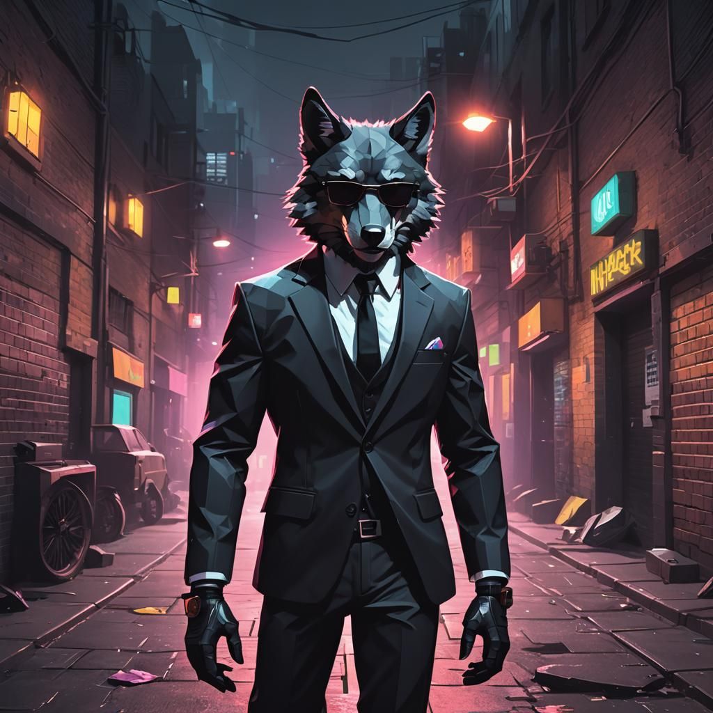 Neon Noir Wolf in Low-Poly Style