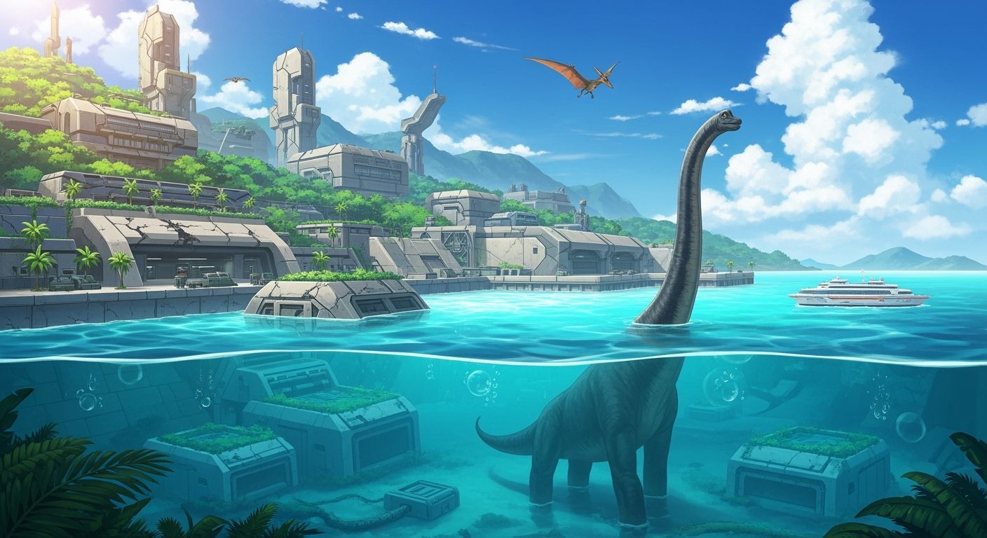 Futuristic Bunker City with Brachiosaurus in Turquoise Water
