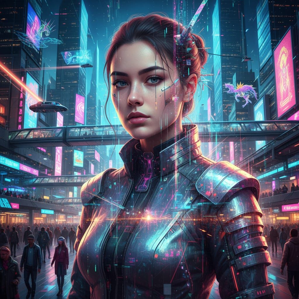 Futuristic City Girl Portrait in Digital Art Style