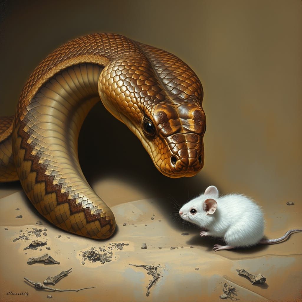 Serpent Intently Gazing at Small White Mouse in Earthy Lands...