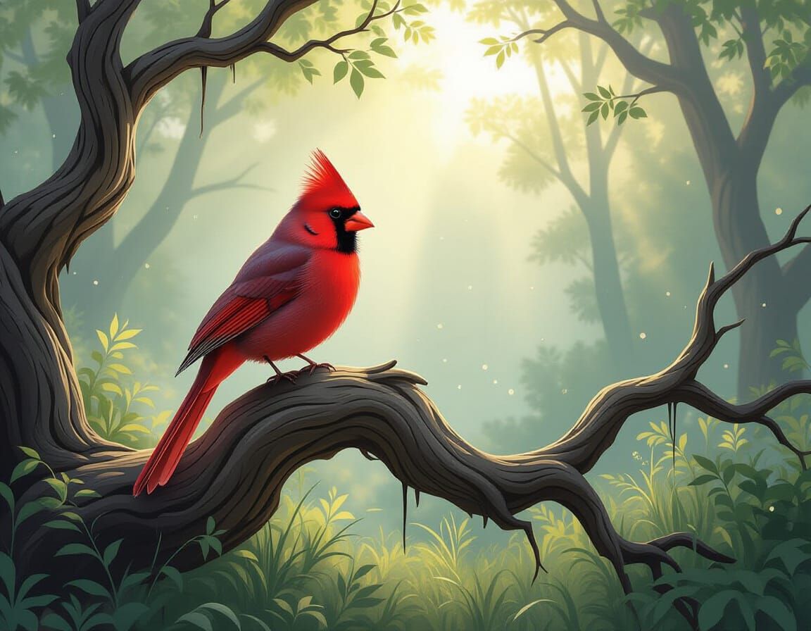 Majestic Cardinal in Misty Forest Clearing