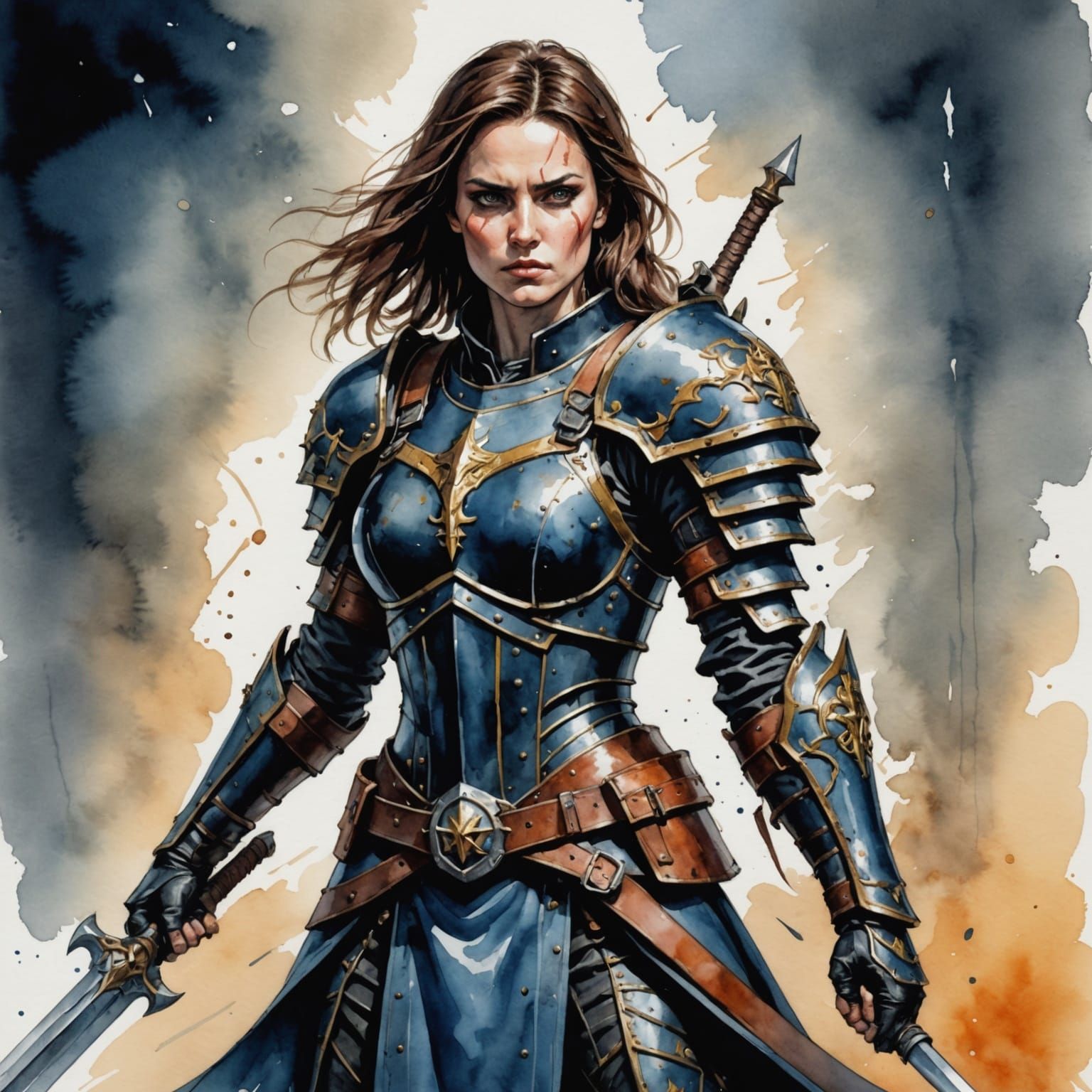 Ethereal Female Warrior in Dark, Hand-Drawn Comic Style