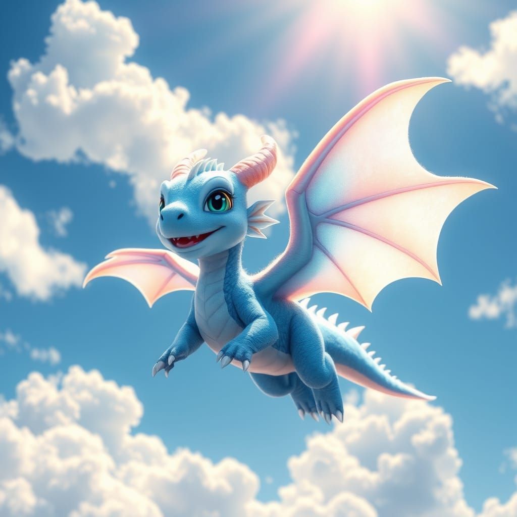 Surreal Blue Dragon Soars Through a Dreamy Cerulean Sky