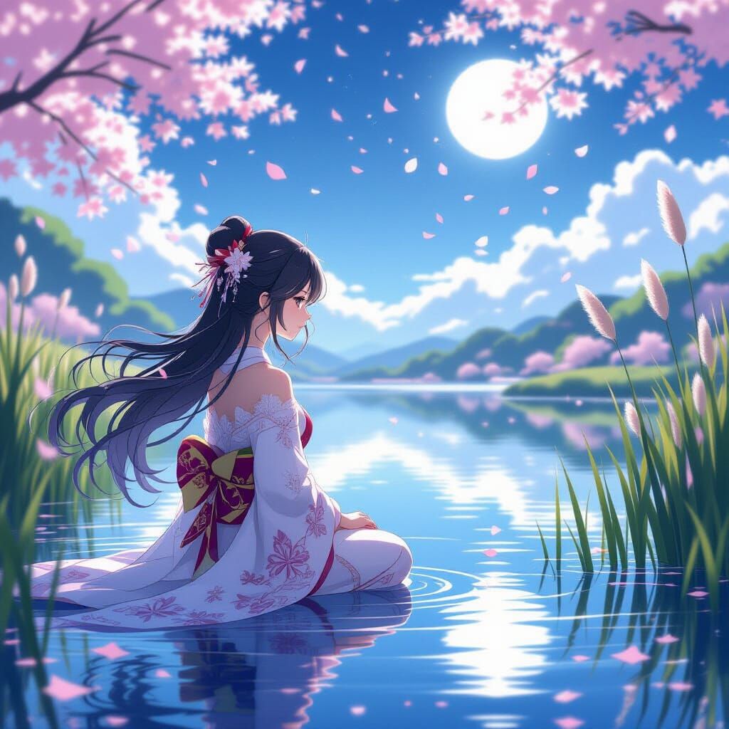 Anime Woman Gazing at Cherry Blossom Lake