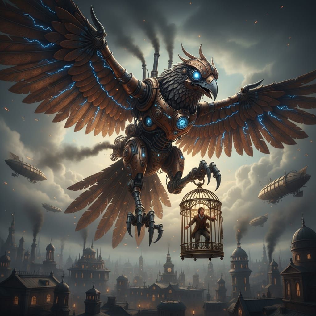 Giant Mechanical Bird Captures Human in Steampunk Sky