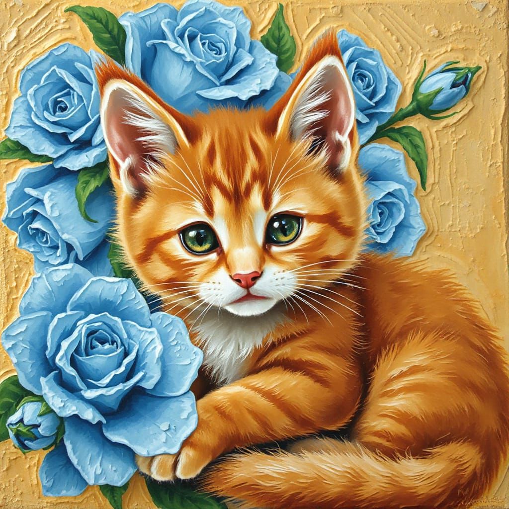 Whimsical Kitten Surrounded by Blue Roses as Impasto