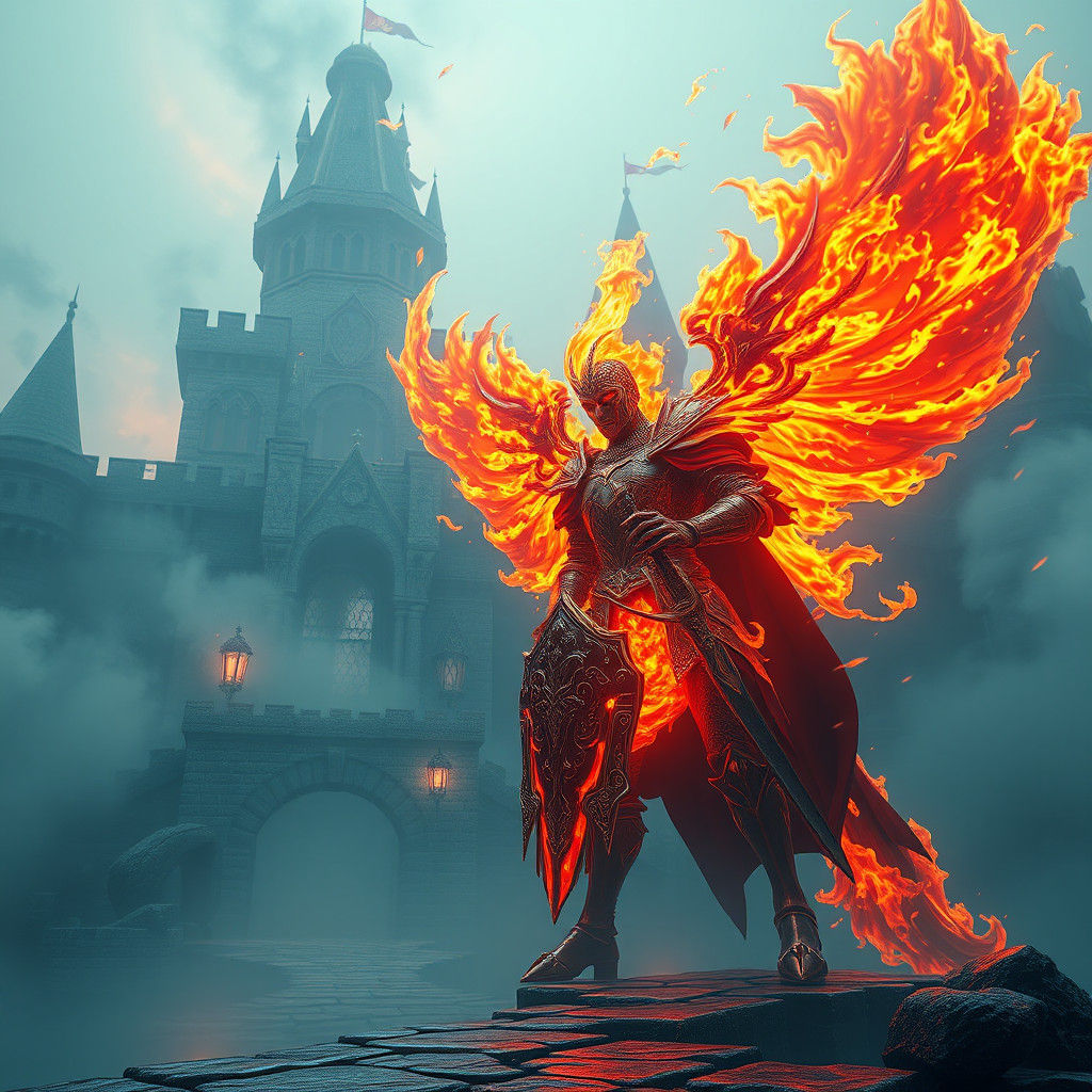 Flaming Knight in Ghost Castle: 3D Render