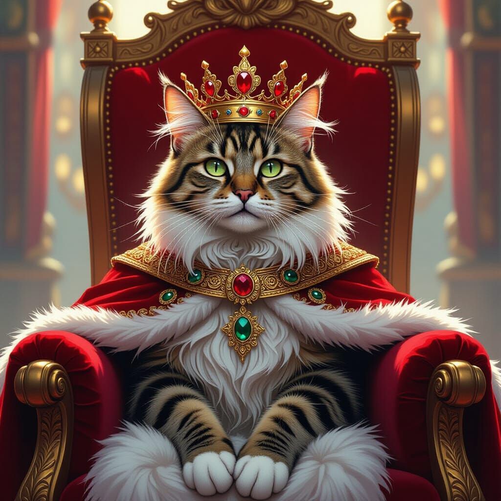 Regal Cat King on Velvet Throne, Majestic Style