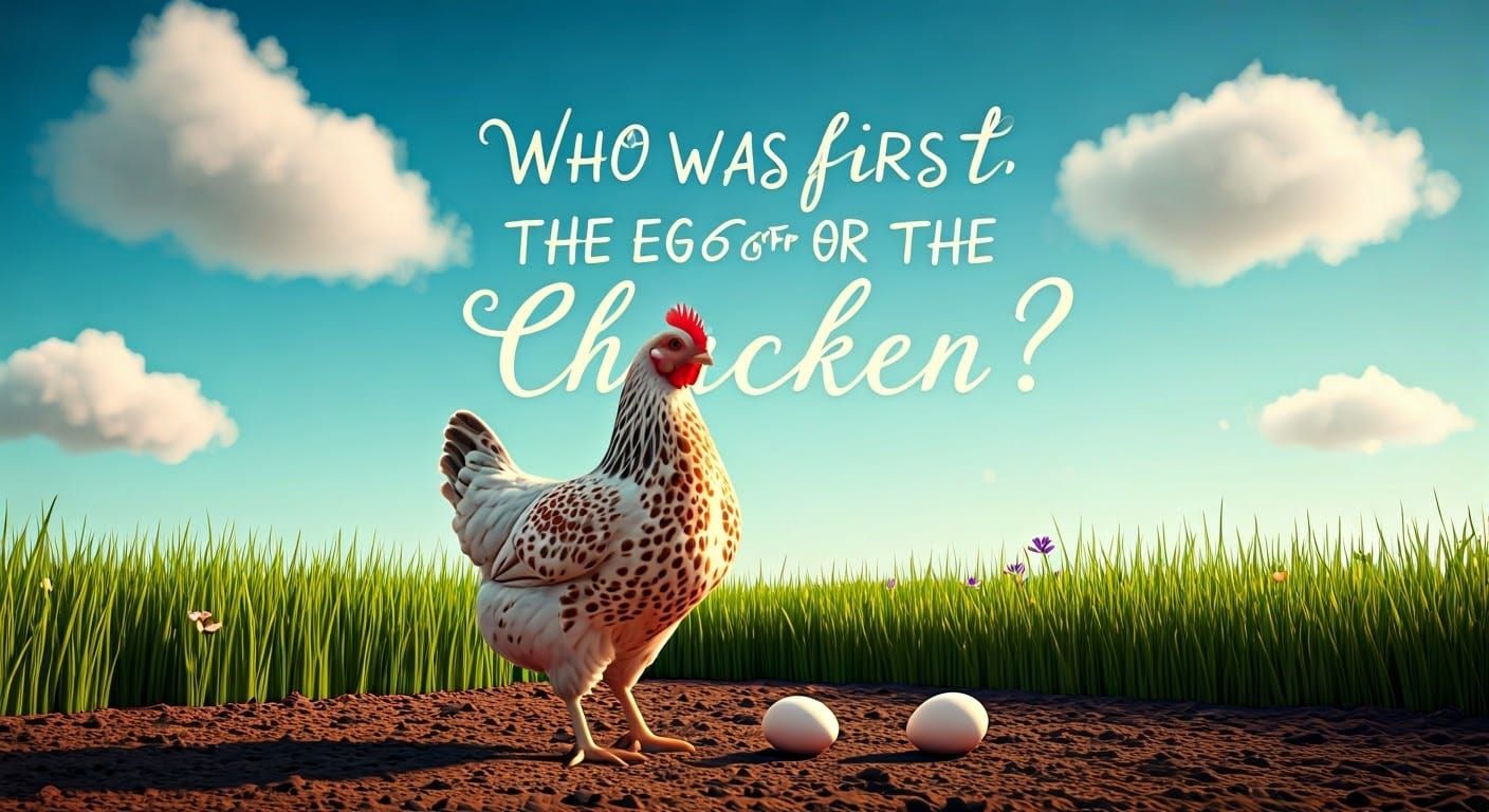 Elegant Chicken Poses with Egg in Sun-Kissed Farm Landscape