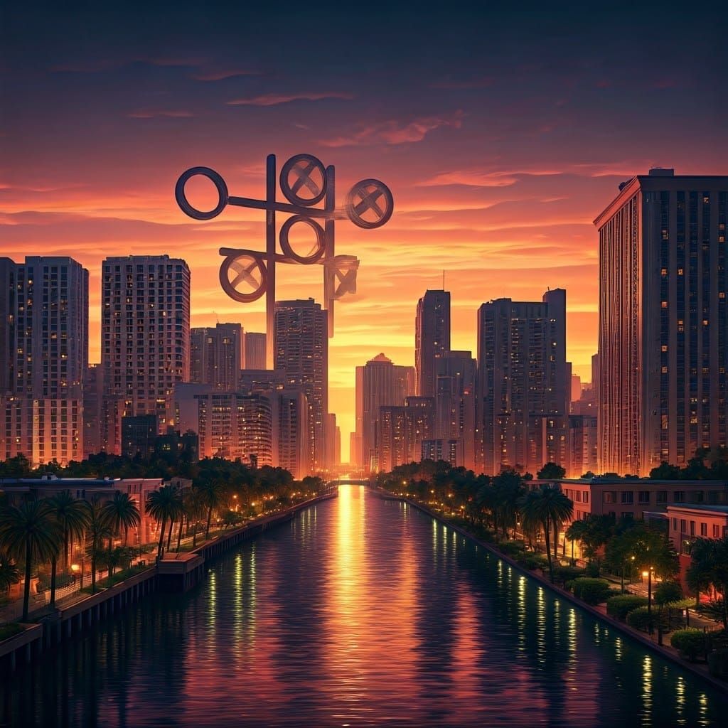 Vibrant Florida Cityscape with Oversized Tic-Tac-Toe
