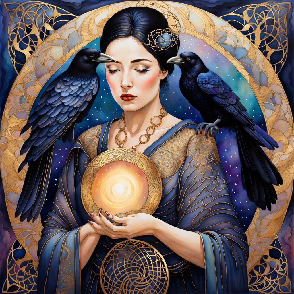 Ethereal Woman with Raven in Watercolor