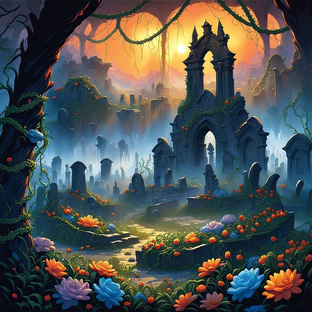 Graveyard Sunrise: Flowers Bloom in Abandoned Cemetery