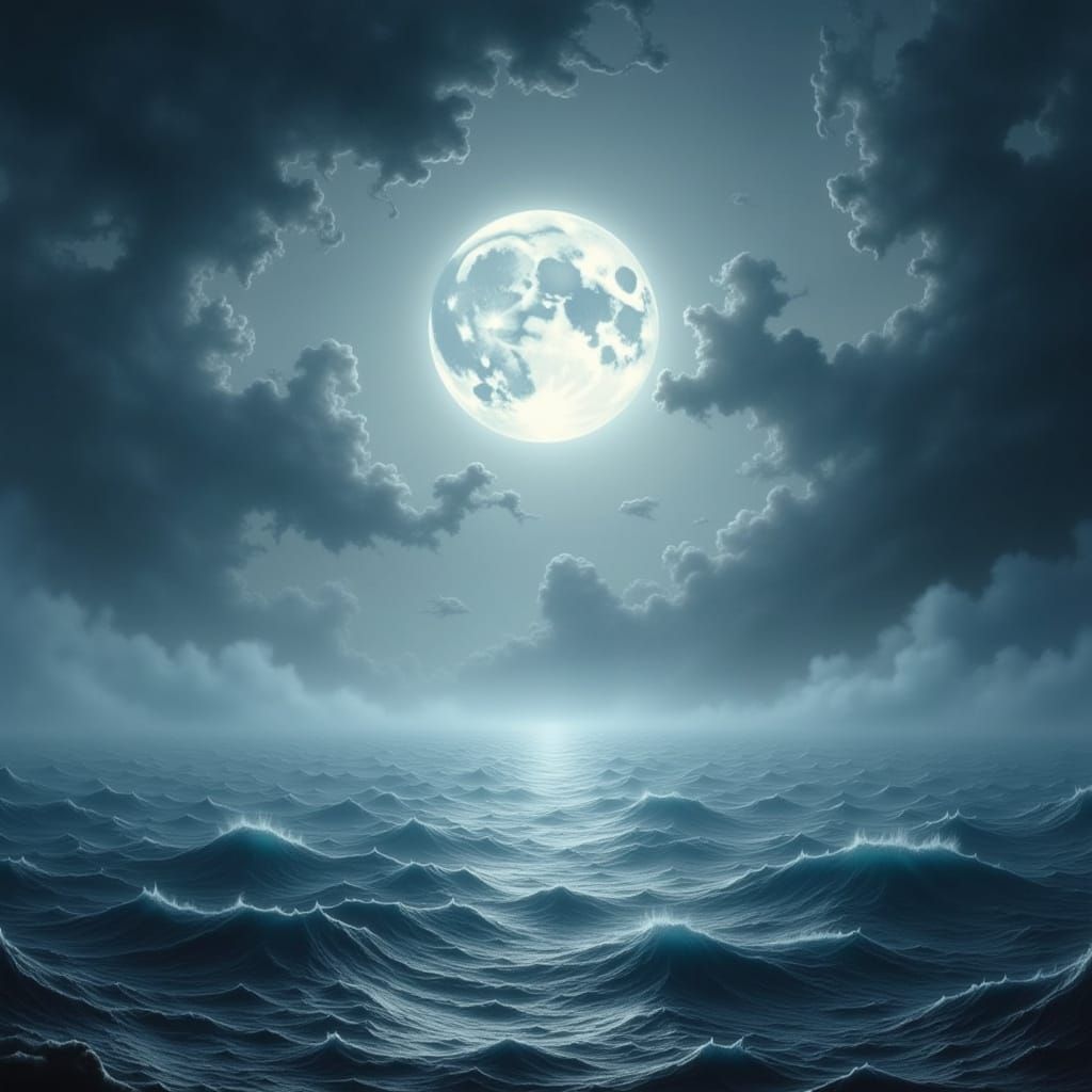 Moonlit Misty Sea Landscape in Romantic Style