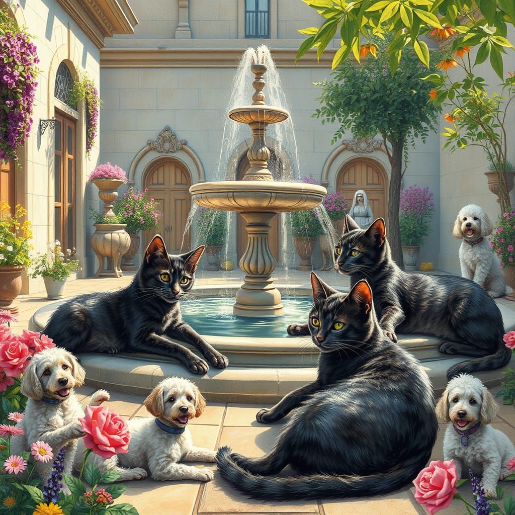 Whimsical Feline Friends in a Vibrant Garden