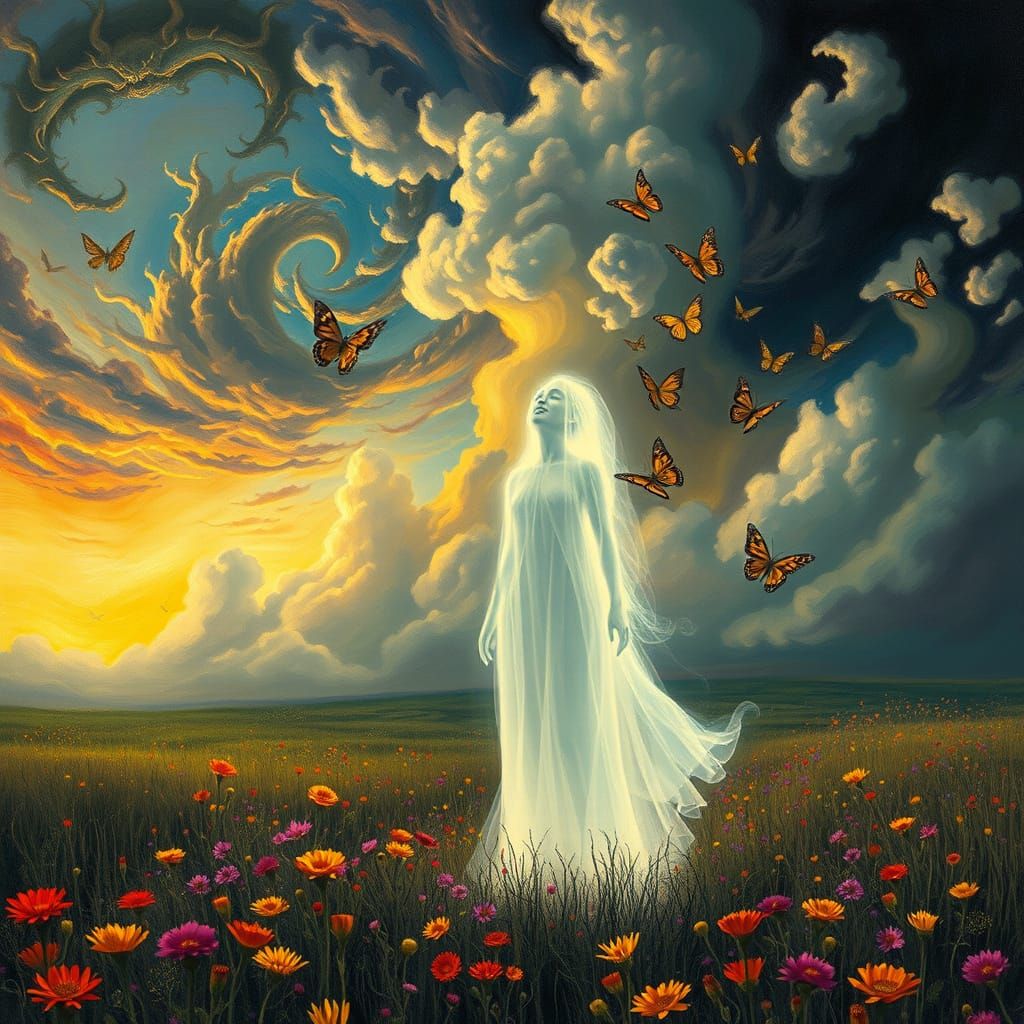 Ethereal Light Figure in Dreamlike Landscape