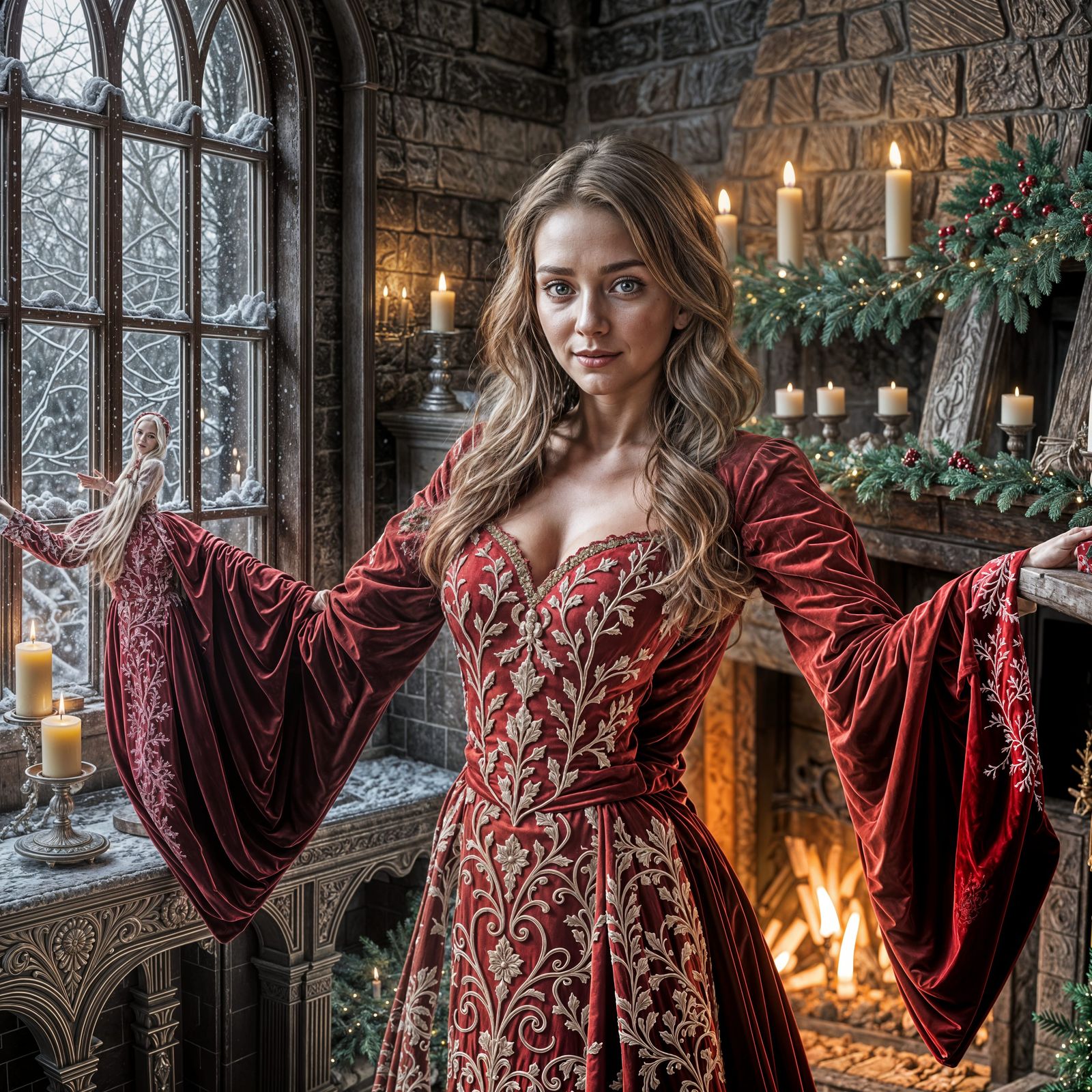 Woman in Red Velvet Dress by Fireplace