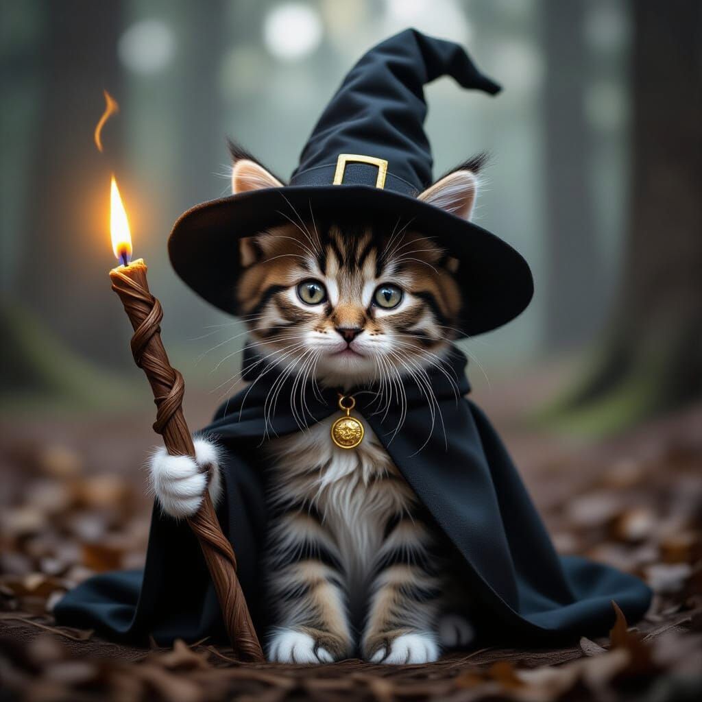 Kitten Wizard in Dark Woods: Enchanting AI Art