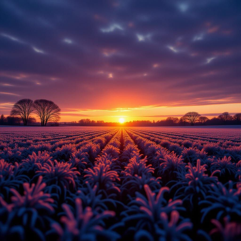October Sunrise Over Frosty Fields in Cinematic Style