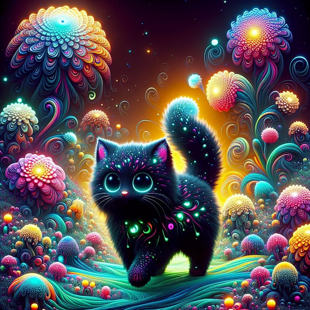 Surreal Feline Embarks on Whimsical Journey in Vibrant Lands...