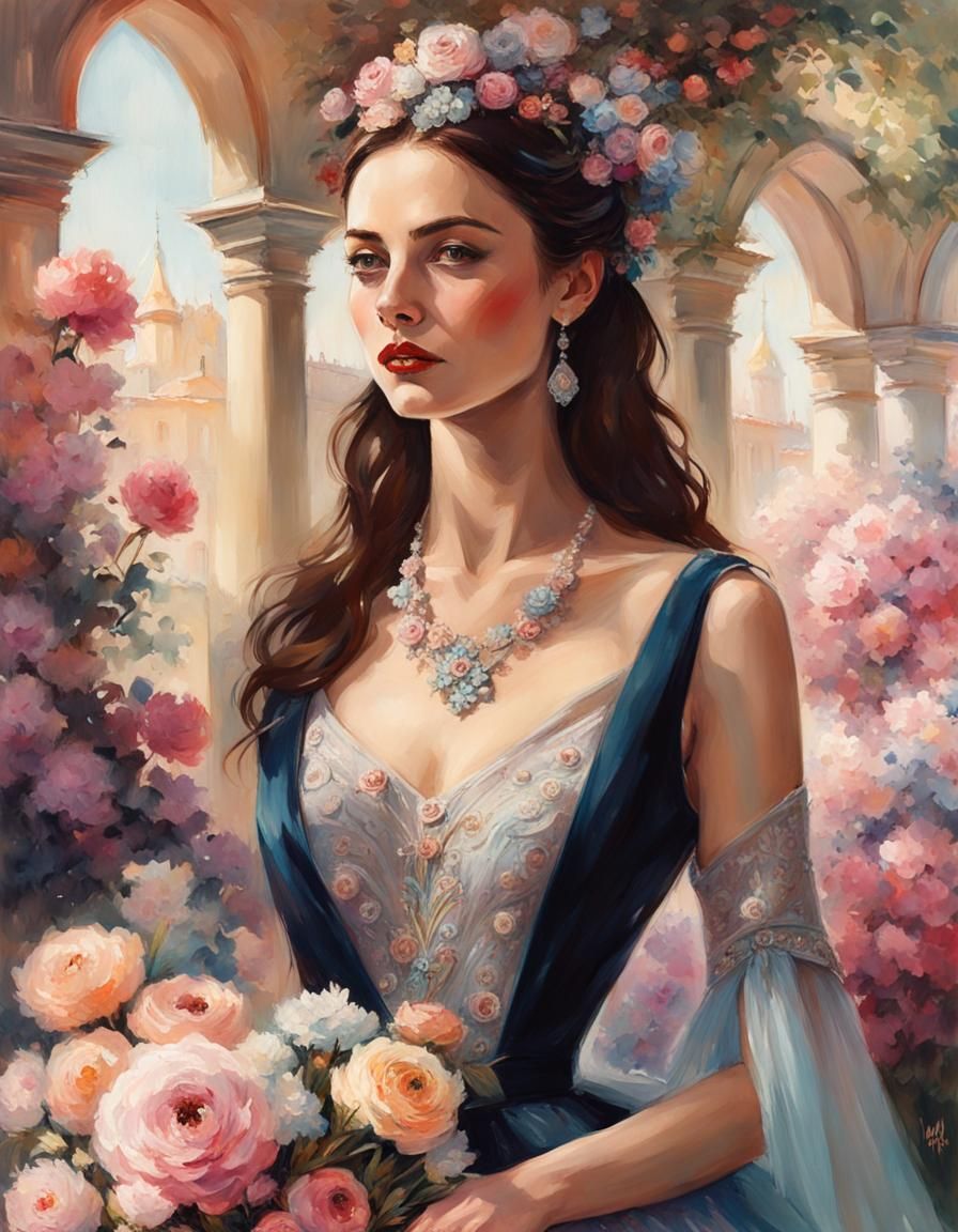 Gorgeous and elegant (mix of Caitriona Balfe and Cara Delevingne), holding a bouquet of flowers, inside European style g...