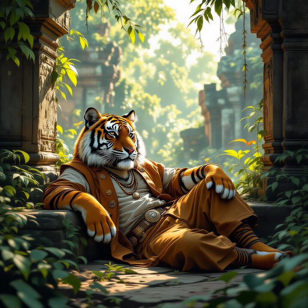 Bengal Tiger Lounging in Ancient Temple Ruins