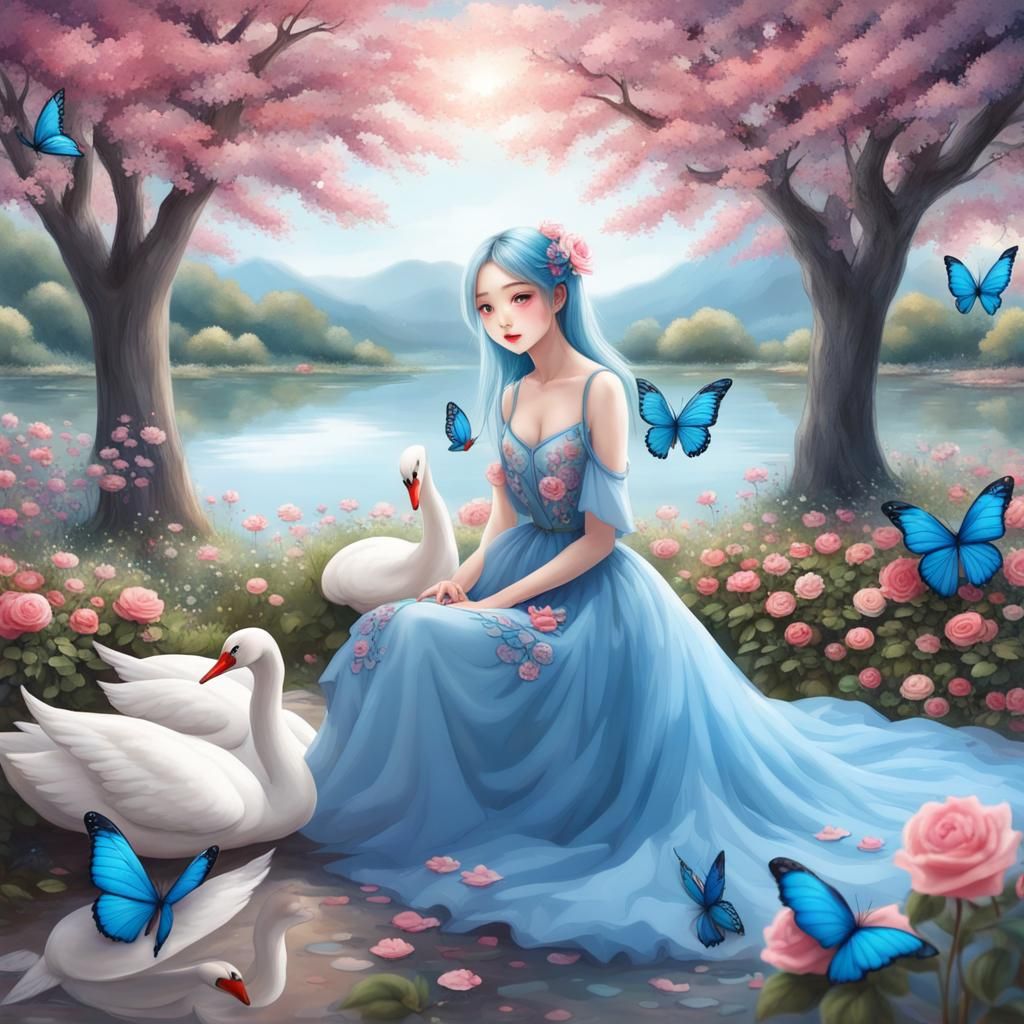 Korean Girl with Butterfly Wings in Flower Garden