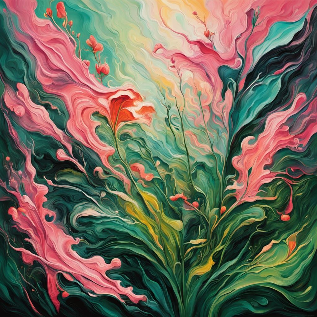 Vibrant Floral Surrealism with Iridescent Pink Creature