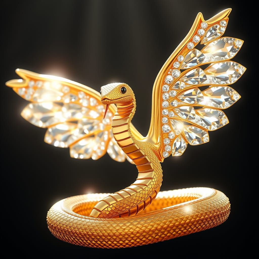 Luxurious Gold Serpent with Diamond Wings in Radiant Light