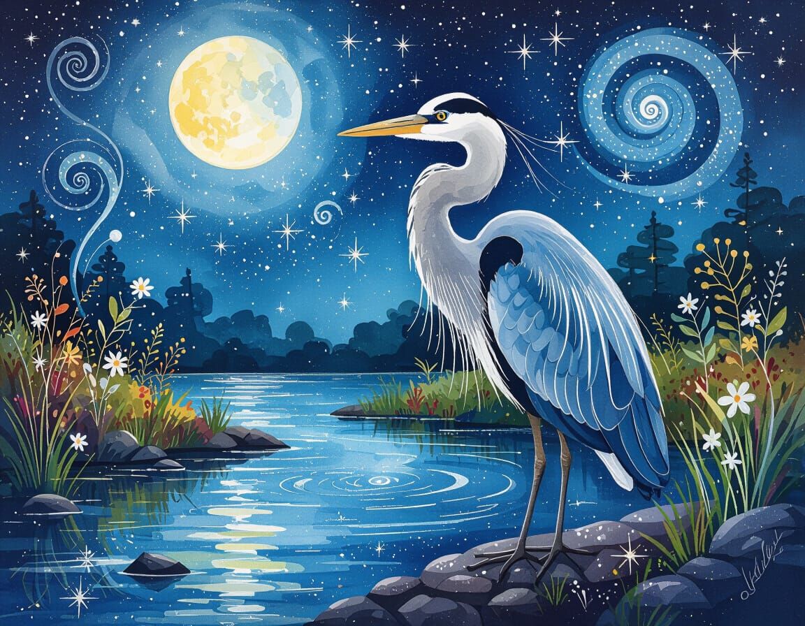 Great Blue Heron in Moonlit Wetland, Acrylic Painting
