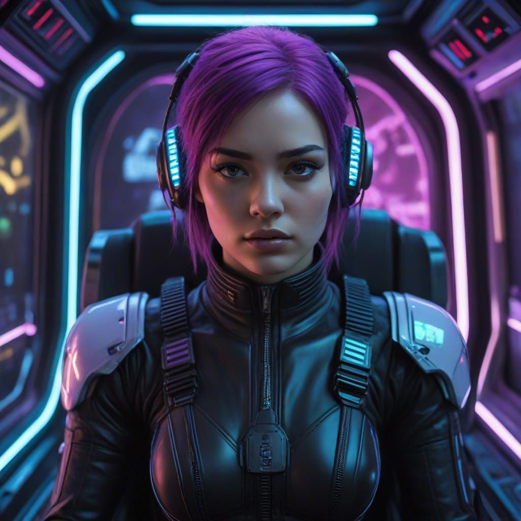Cyberpunk Goddess in High-Tech Control Seat
