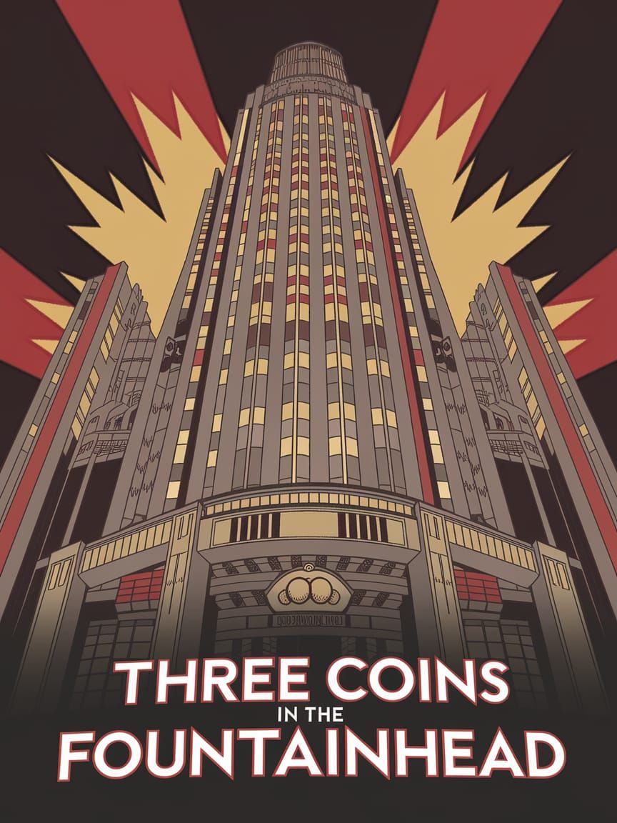 Art Deco Movie Poster with Futuristic Skyscraper and Coins