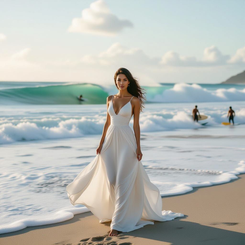 Woman on Beach with Waves in Cinematic Style