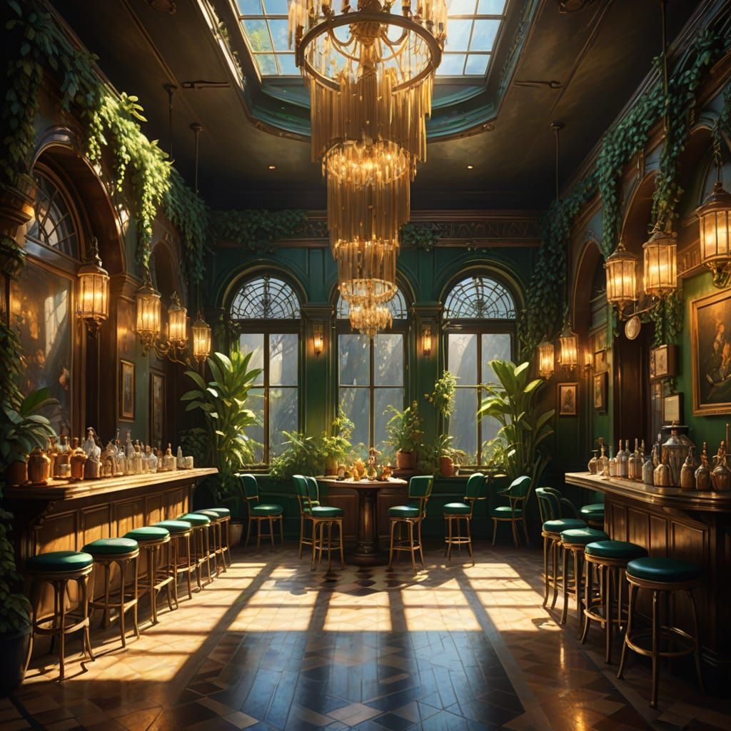 Enchanted Sunlit Cafe Interior with Lush Greenery and Gold T...