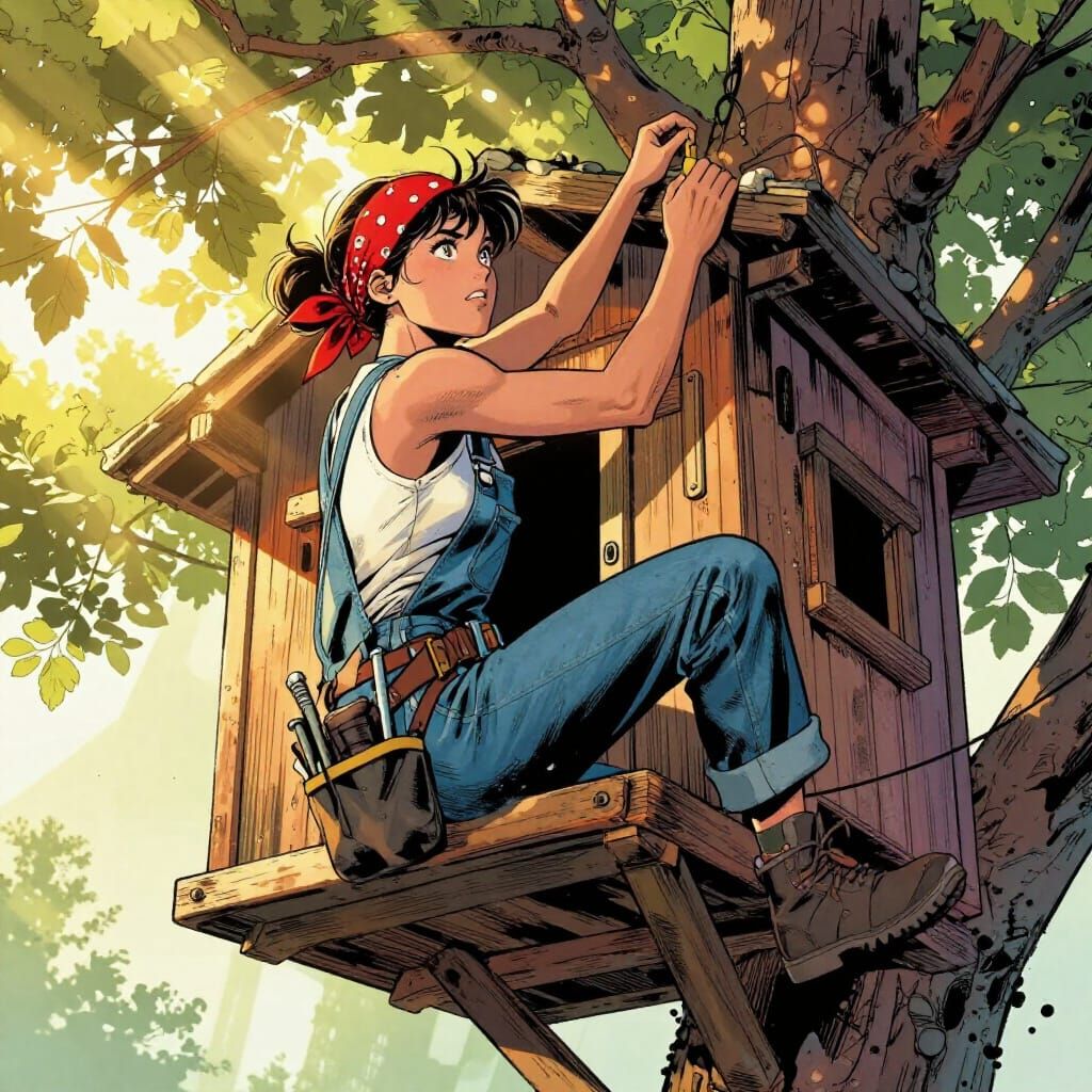 Woman Building Treehouse in Comic Book Style