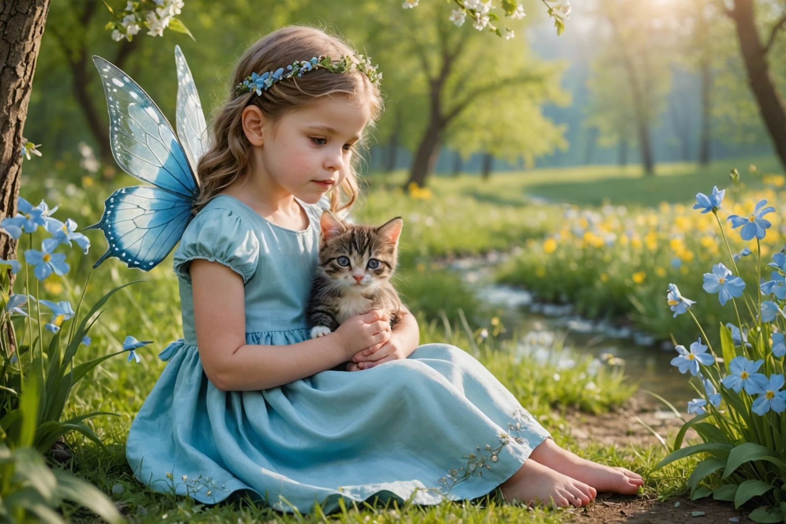 Fairy and Kitten in Spring Landscape Digital Art