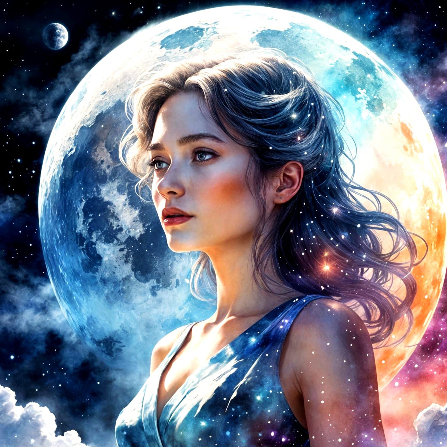 Woman on Moon Silhouette in Watercolor Concept Art