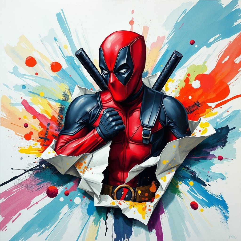 Deadpool Emerges from a Torn Canvas in Vibrant Colors