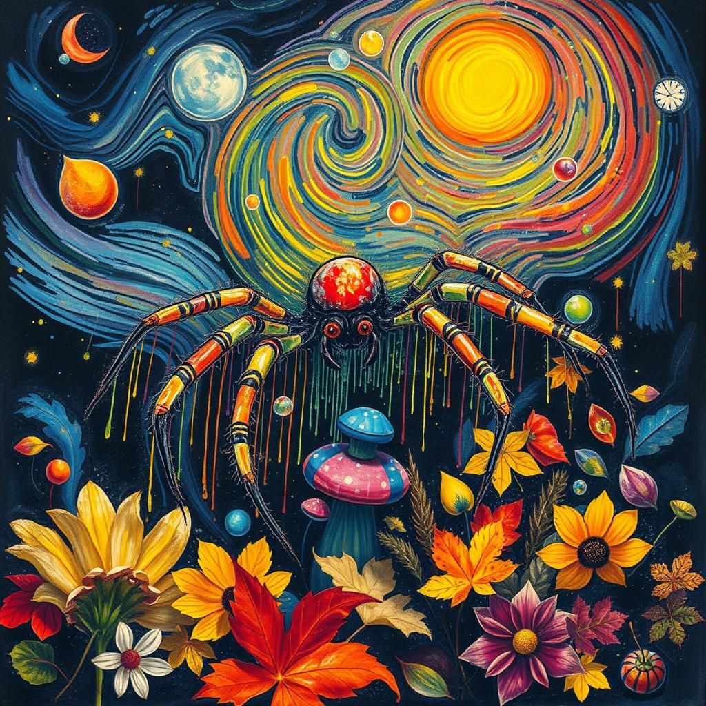 Luminous Spider's Crayon Graffiti in Dreamlike World