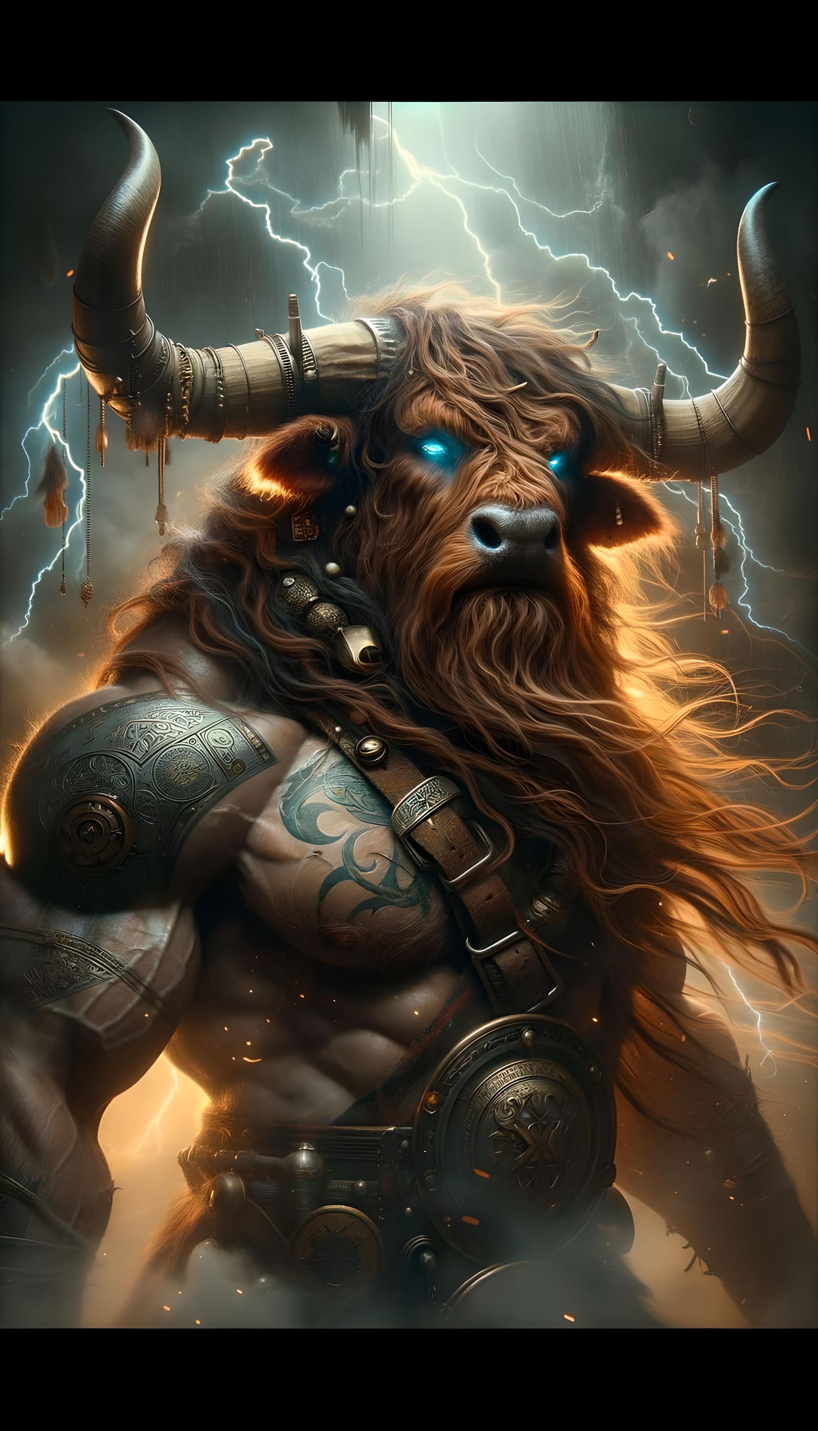 Highland Cow Minotaur with Lightning Horns
