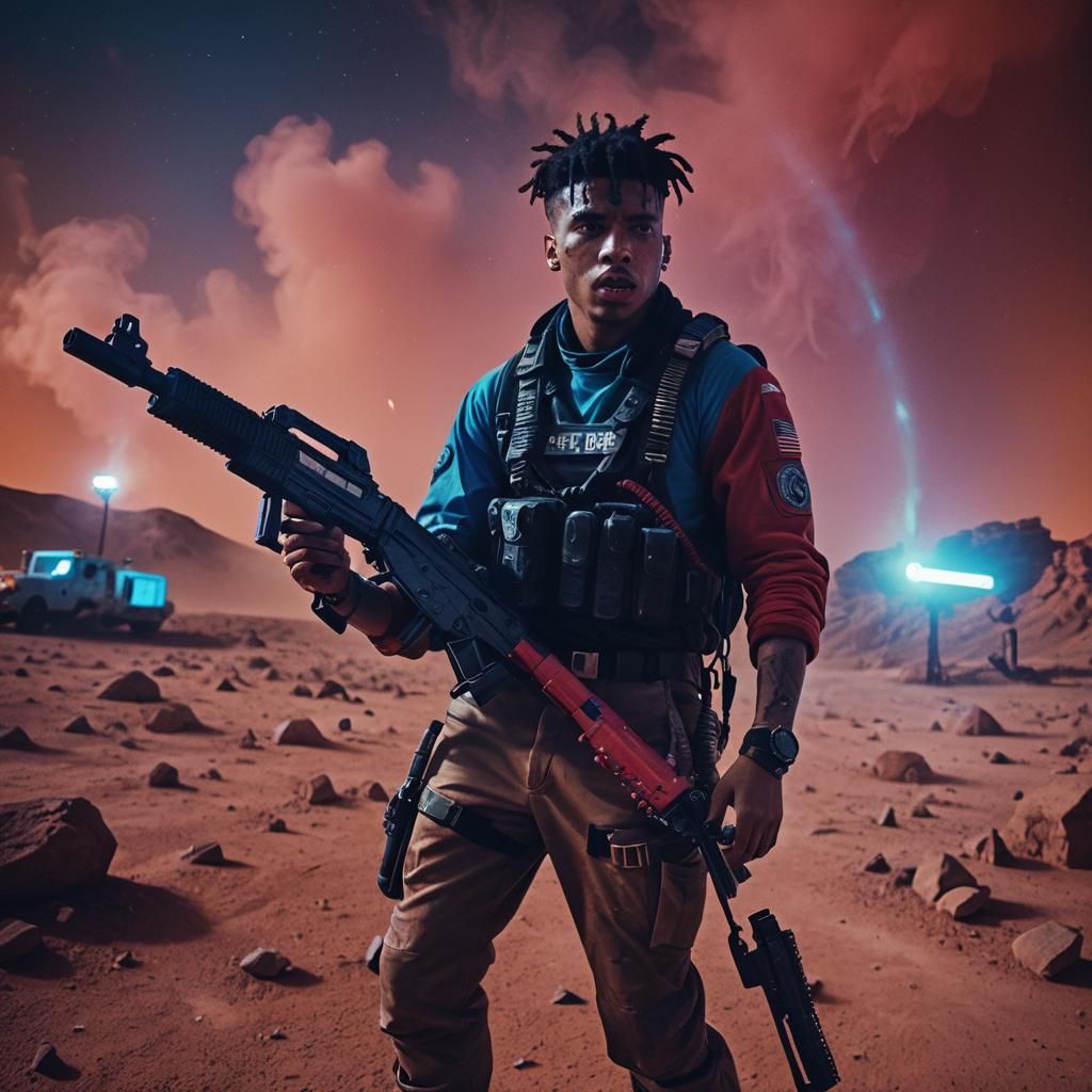 Rapper on Mars with Gun in Neon Sci-Fi Style