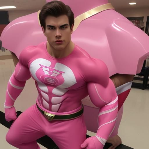 Brunet muscle man in a pink power rangers suit
