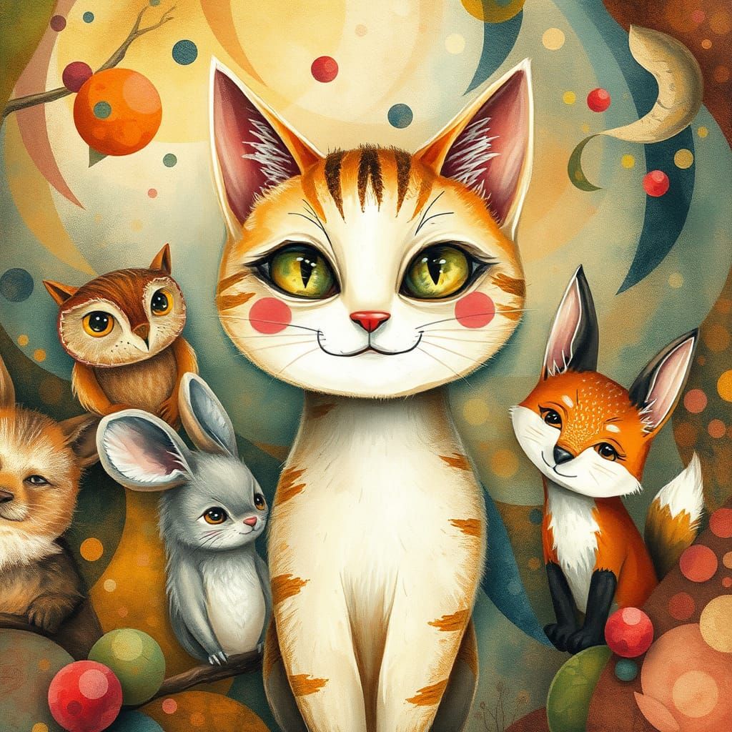 Curious Cat and Friends in Whimsical Watercolor Style