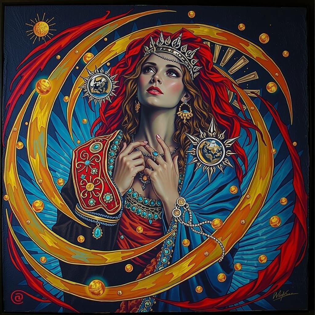 Serene Goddess at Light's Edge with Floating Orbs