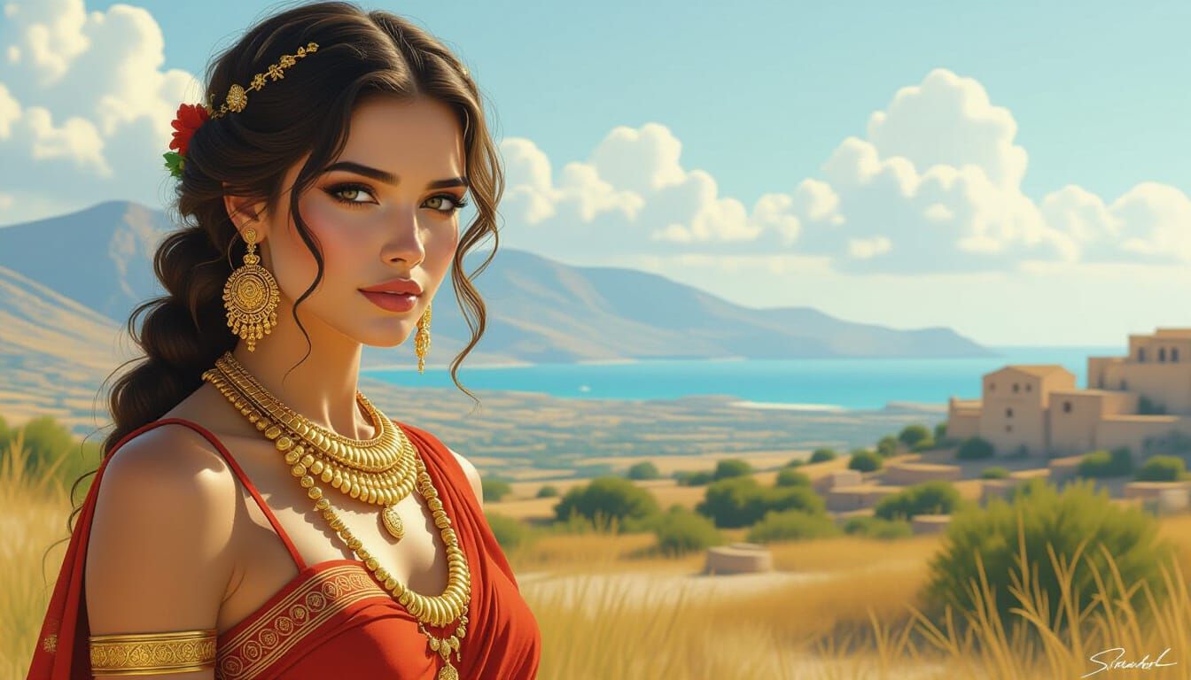 Minoan Woman in Gold Jewelry Amidst Cretan Landscape