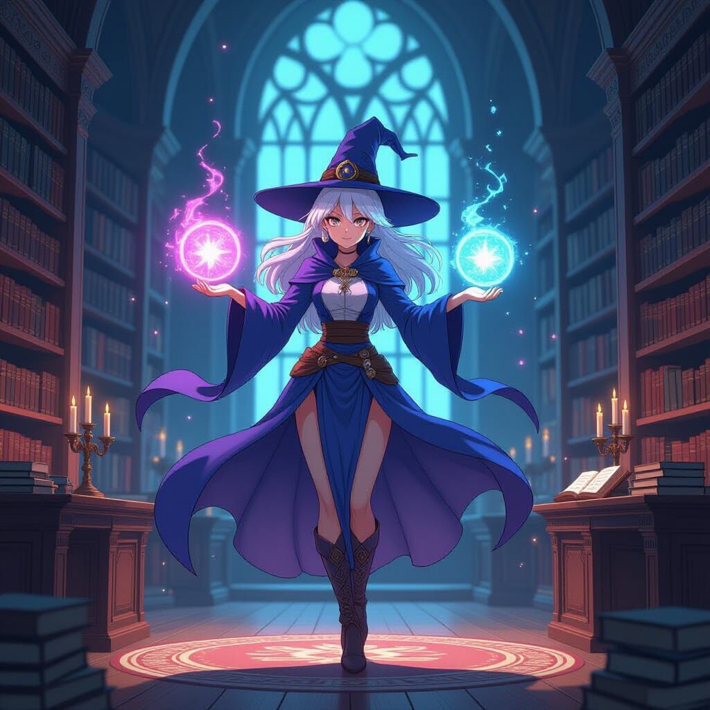 Sorceress Levitating in Magic Library in Anime Style