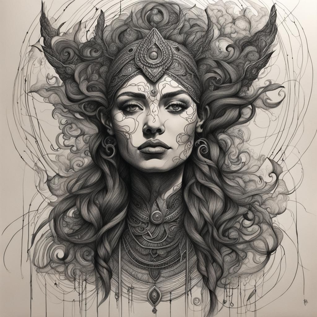 Dark Goddess in Hyperdetailed Charcoal Line Art