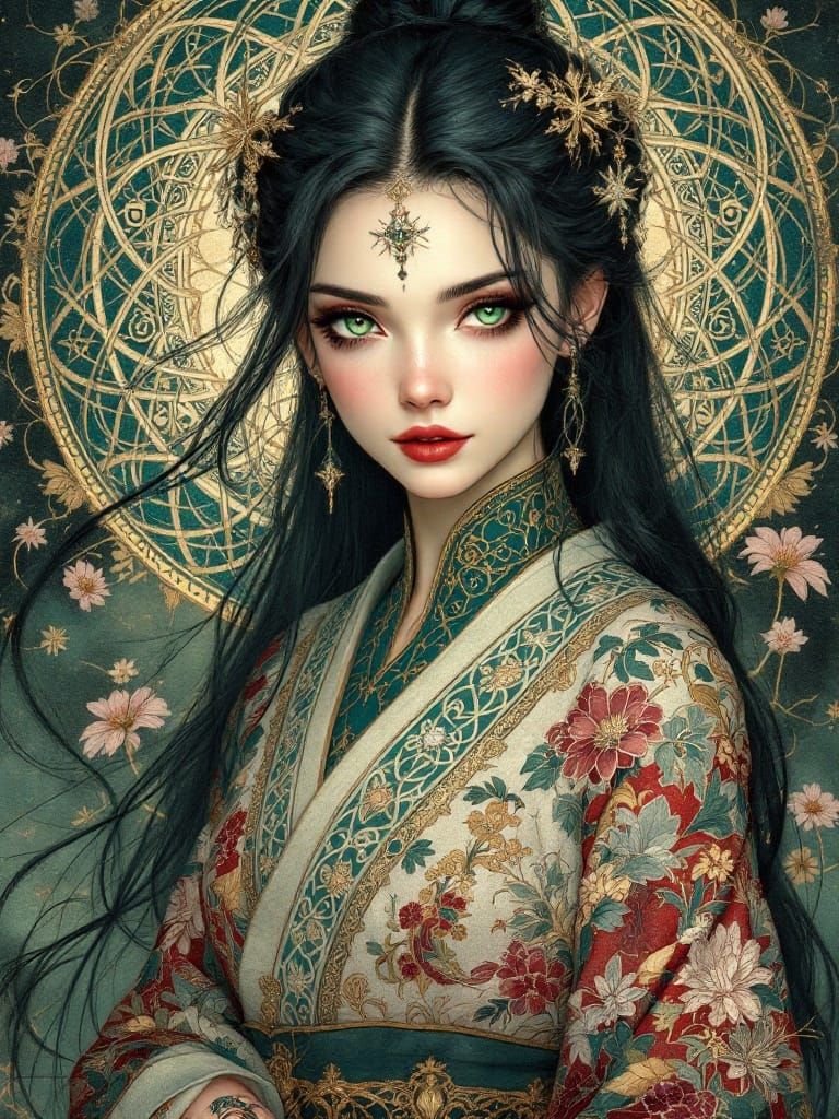 Ethereal Maiden in Celtic-Inspired Kimono