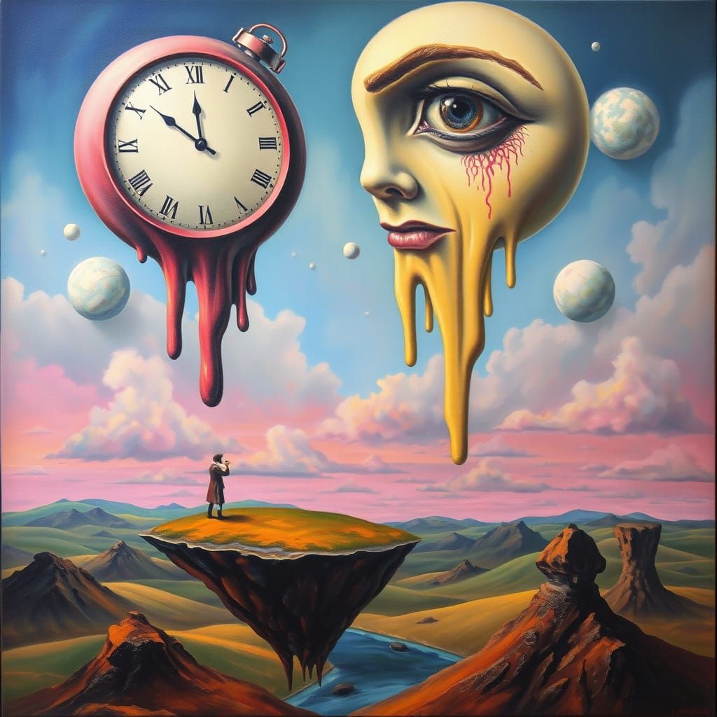 Surreal Landscape with Melting Clocks in Dreamlike Style