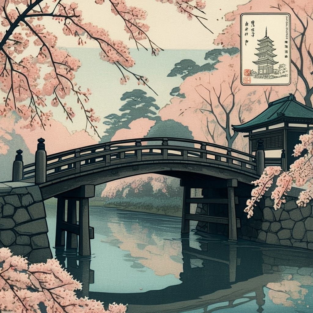 Traditional Japanese Waterside Scene in Ukiyo-e Style