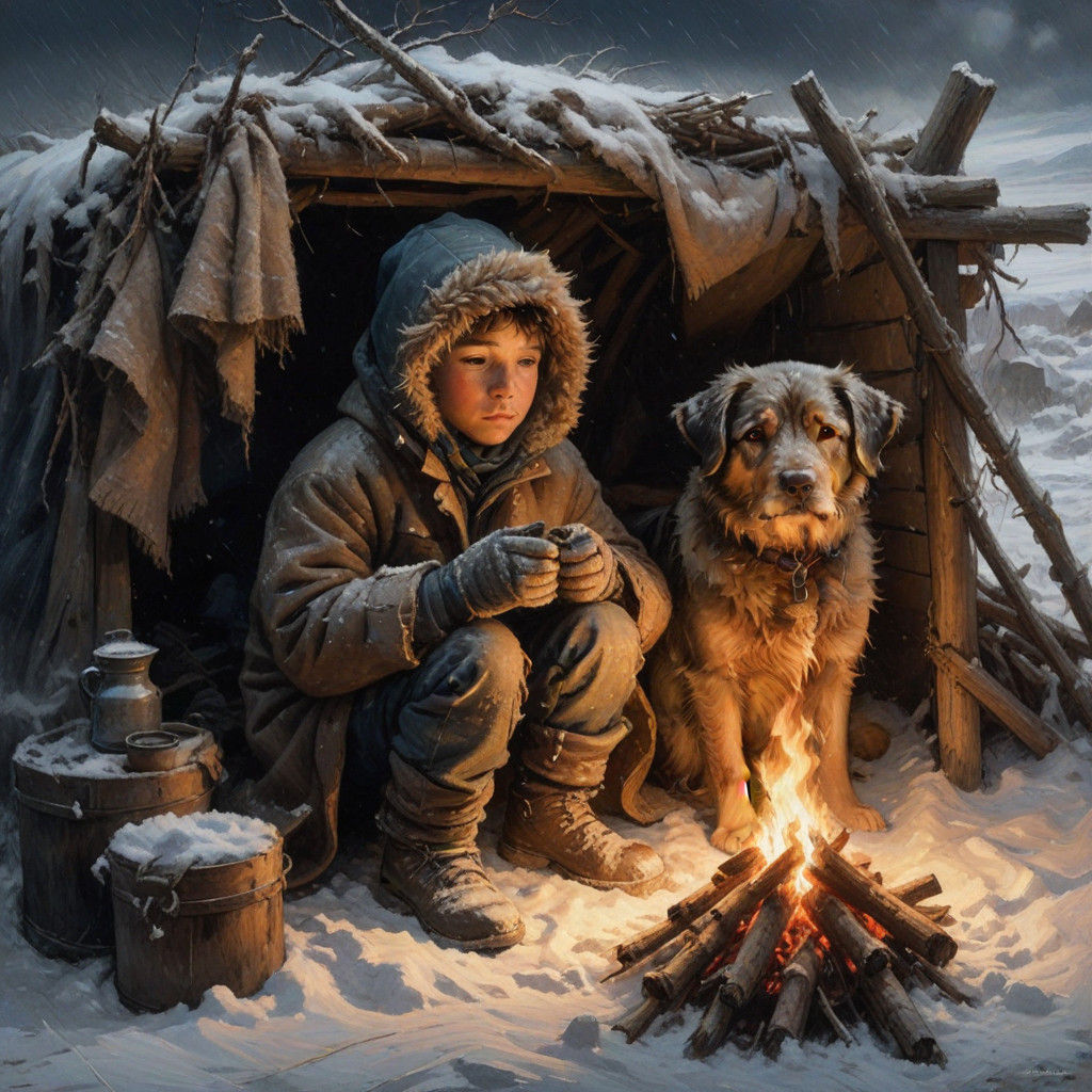 Young Boy and Dog Find Refuge in Winter Storm Shelter